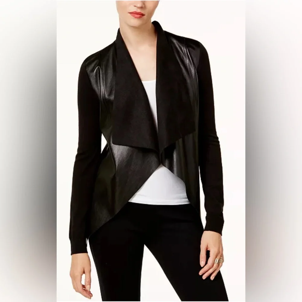 Michael Kors Black Faux Leather & Suede open Blazer/cardigan Size Medium